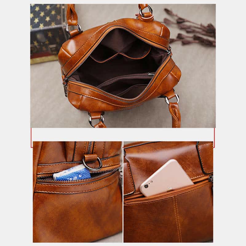 Retro Oil Wax Leather Rivet Handbag Tote Satchel Crossbody Bag - image 1