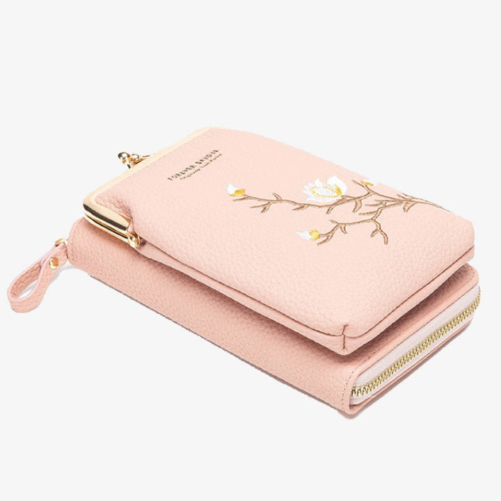 Elegant Embroidered Phone Bag Women Mini Crossbody Leather Purse