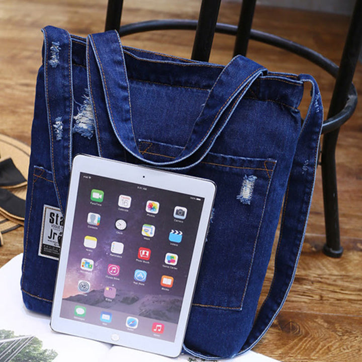 Denim Tote For Outing Retro Canvas Ripped Crossbody Bag - image 14
