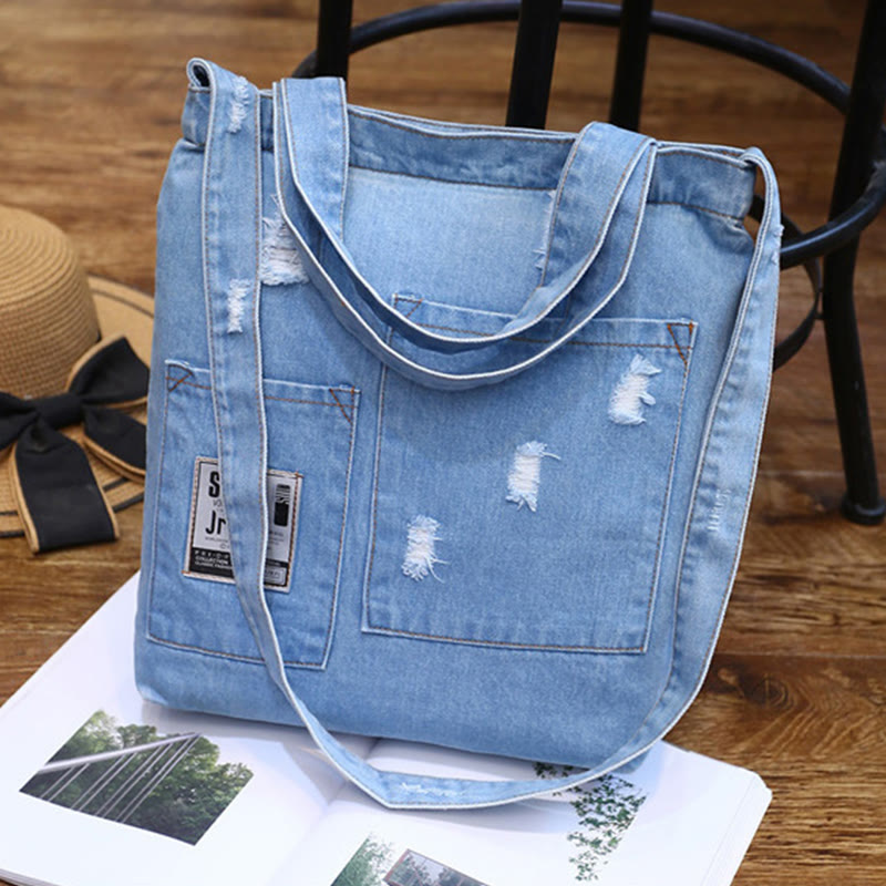 Denim Tote For Outing Retro Canvas Ripped Crossbody Bag - # B - SkyBlue - image 18