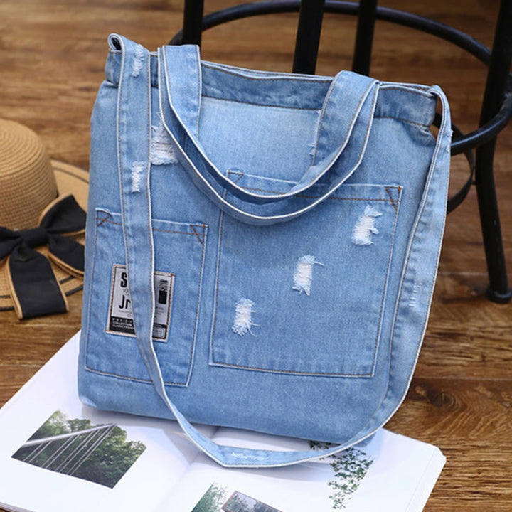 Denim Tote For Outing Retro Canvas Ripped Crossbody Bag - # B - SkyBlue - image 18