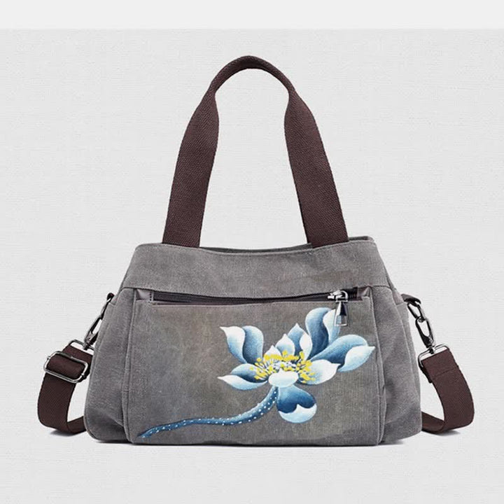 Triple Compartment Canvas Handbag Purse Floral Print Crossbody Shoulder Bag