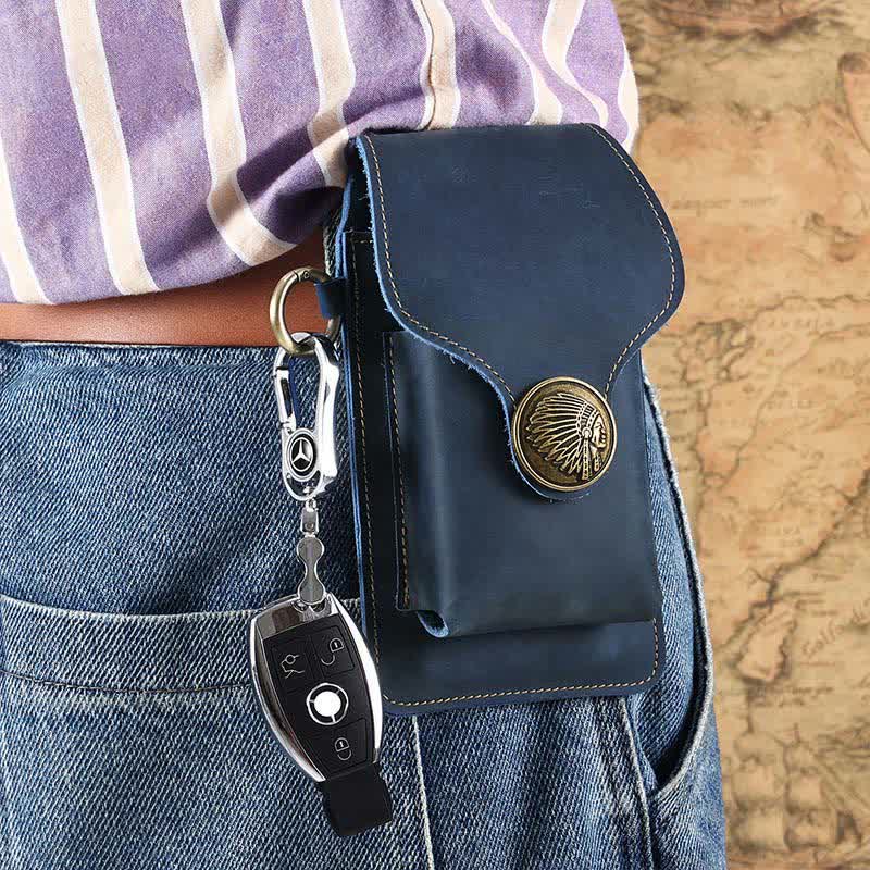 Vintage Leather Flip Phone Bag Belt Pouch with Cigarette Pocket