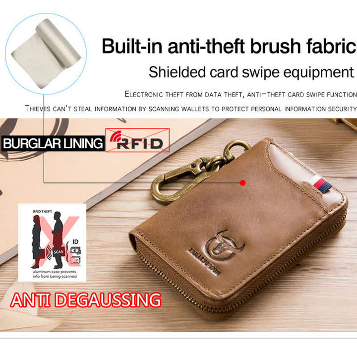 Leather Zip Around Wallet for Men RFID Blocking Card Holder with Keychain
