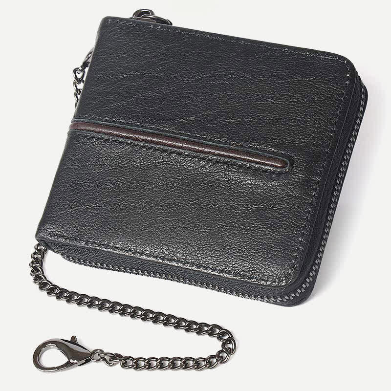 Genuine Leather Zip Around RFID Blocking Bifold Wallet with Chain - Style 1 - Black - image 7