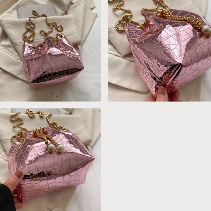 Evening Bag For Party Crocodile Pattern Sparkly Leather Bucket Bag