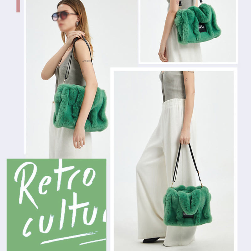 Solid Plush Handbag For Winter Soft Wide Strap Crossbody Bag