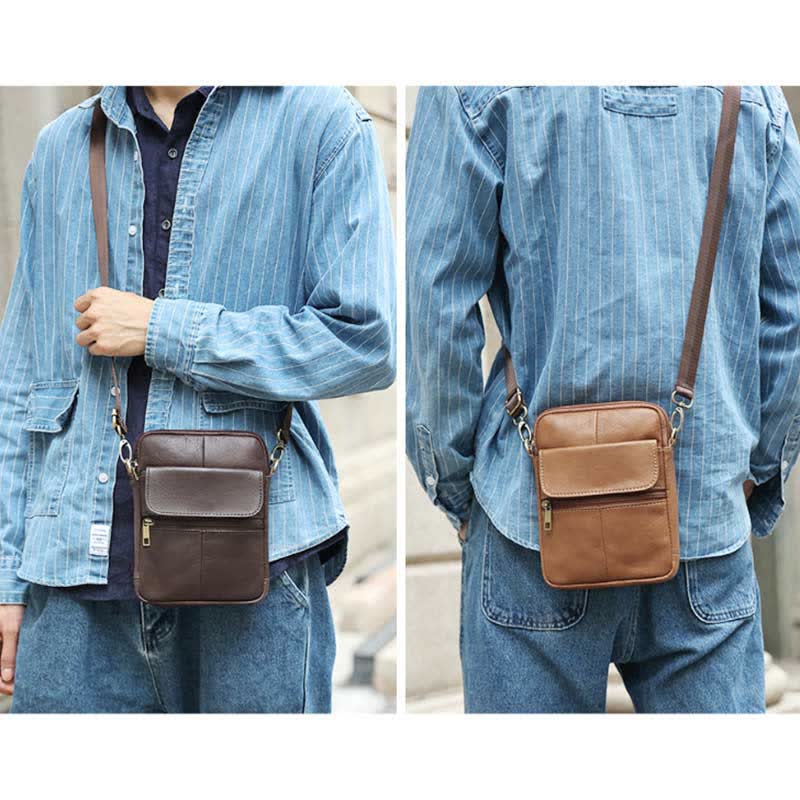 Real Leather Small Messenger Crossbody Bag for Men with Multiple Pockets