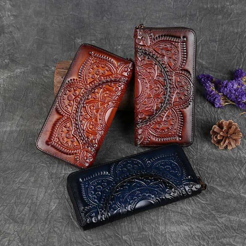 Women Genuine Leather Zip Around Embossing Wallet Large Cowhide Leather Wallet