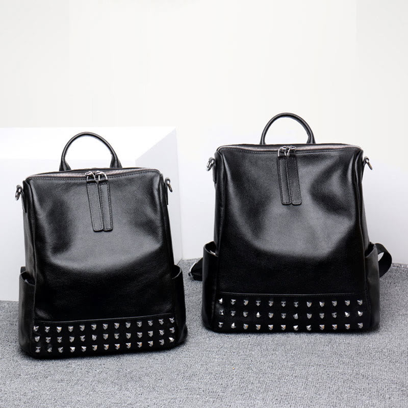 Fashion Rivet Backpack Genuine Leather Double Shoulder Strap Roomy Bag