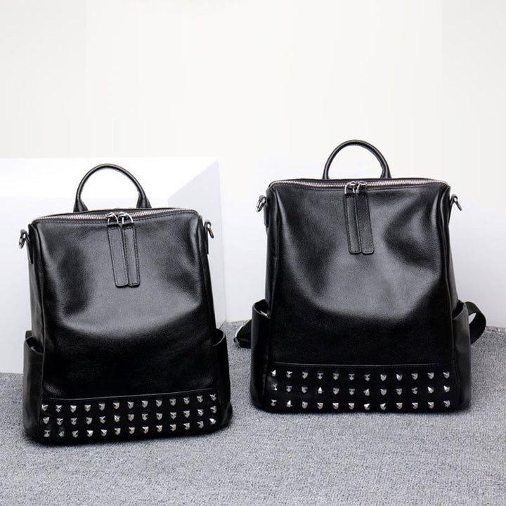 Fashion Rivet Backpack Genuine Leather Double Shoulder Strap Roomy Bag