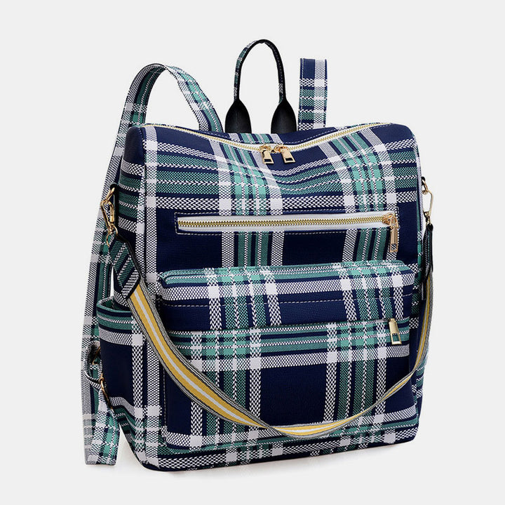 Multifunciton Casual Women Rucksack Daypack Leather Plaid Backpack With Shoulder Strap