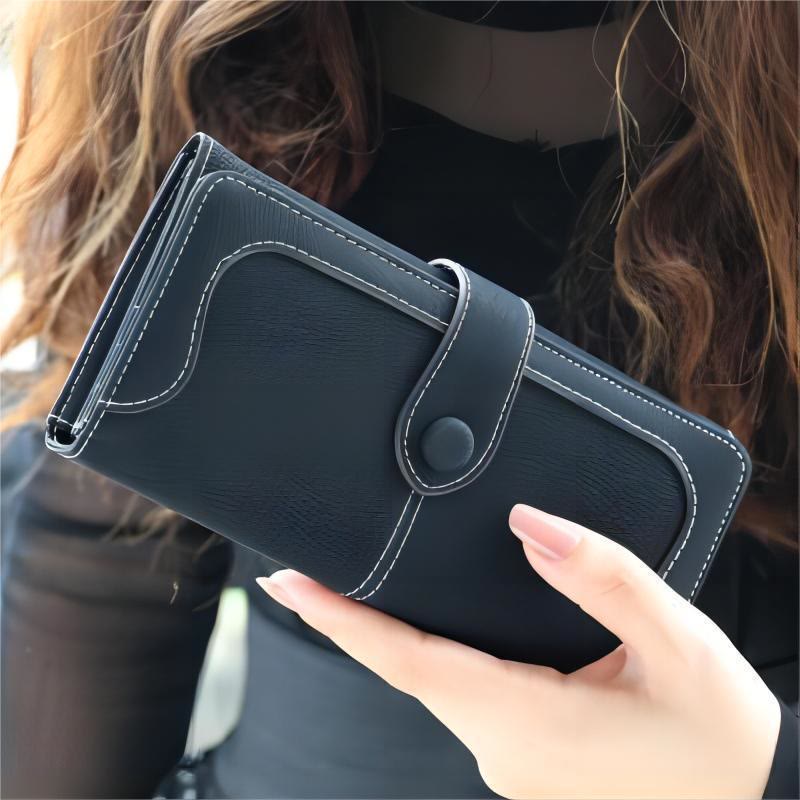 Long Wallet For Women Solid Color Multiple Slot Daily Purse - Black - image 14