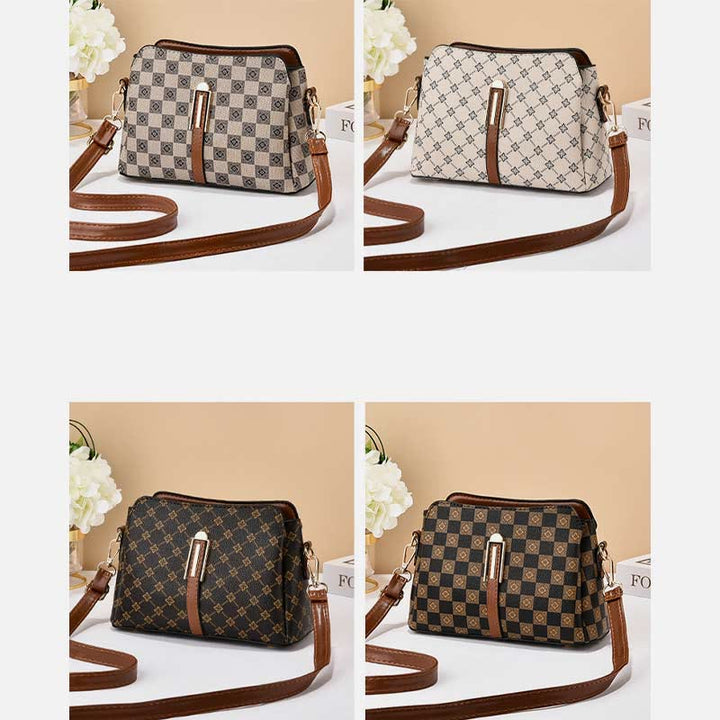 Triple Compartment Plaid Satchel Women Leather Chic Crossbody Bag