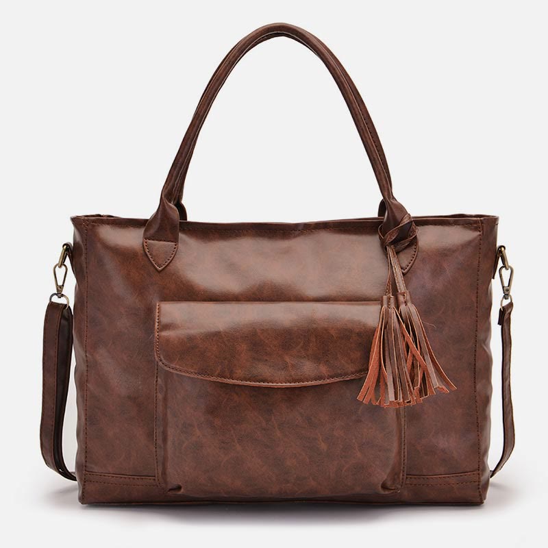 Retro Leather Tote Tassel Decor Classic Multifunctional Travel Bag - image 4