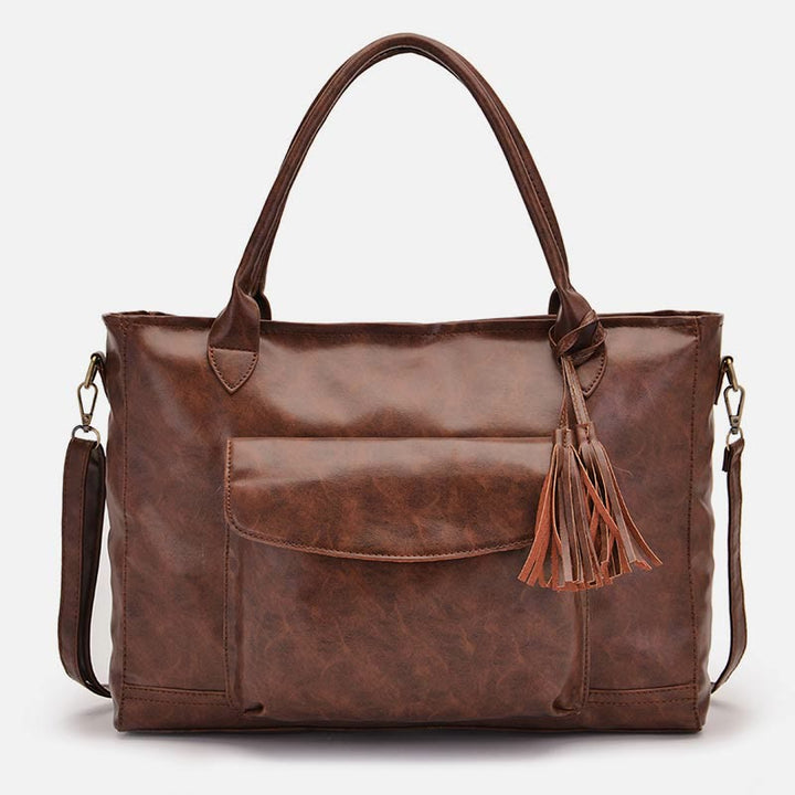 Retro Leather Tote Tassel Decor Classic Multifunctional Travel Bag - image 4