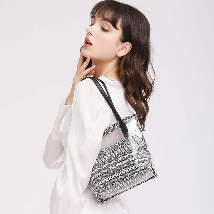 Large Clear Boho Tote Handbag Waterproof PVC Shoulder Bag with Interior Bag