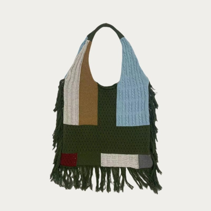 Tassel Shoulder Bag For Women Simple Retro Spliced Knitted Bag