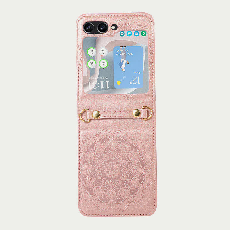 Phone Case For Z Flip5 Flower Pattern Leather Crossbody Case