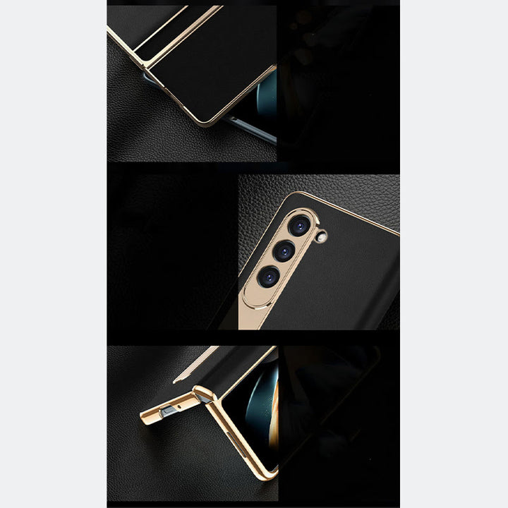 Z Fold 5 Phone Case Leechi Grain Genuine Leather With Screen Film Case