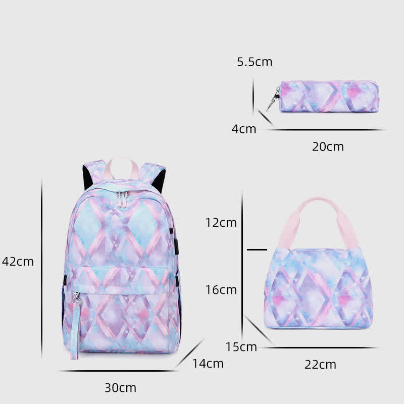 School Backpack Daypack Cute 3-Pcs Schoolbag Set with USB Charging Port