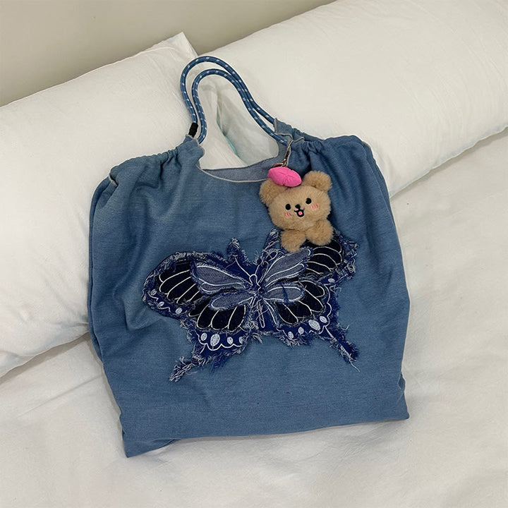 Butterfly Pattern Shoulder Bag For Women Large Denim Tote