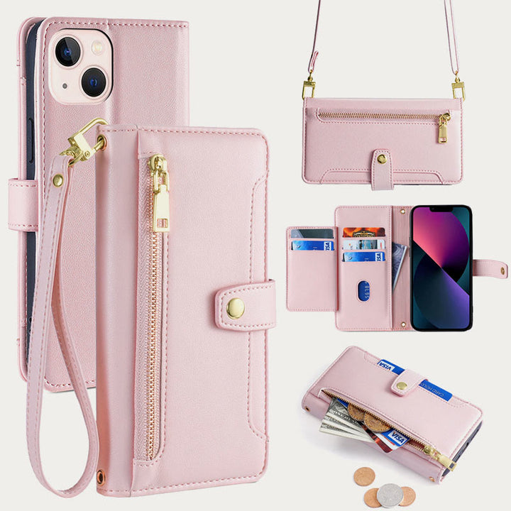 Faux Leather Wallet Case Phone Case for iPhone with Shoulder Strap