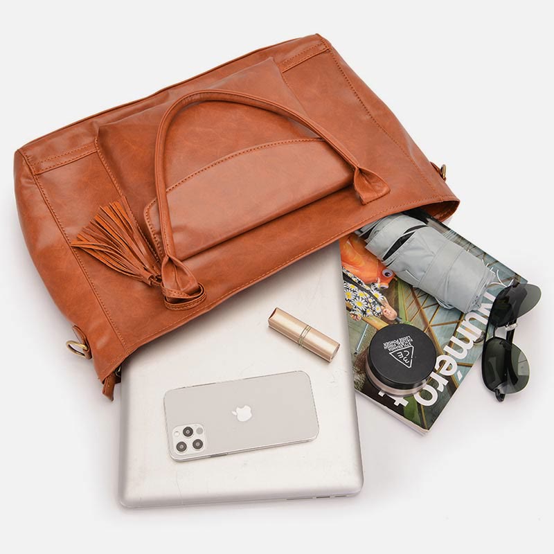 Retro Leather Tote Tassel Decor Classic Multifunctional Travel Bag - image 2