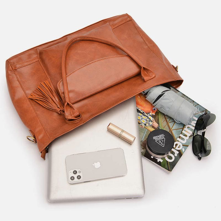 Retro Leather Tote Tassel Decor Classic Multifunctional Travel Bag - image 2