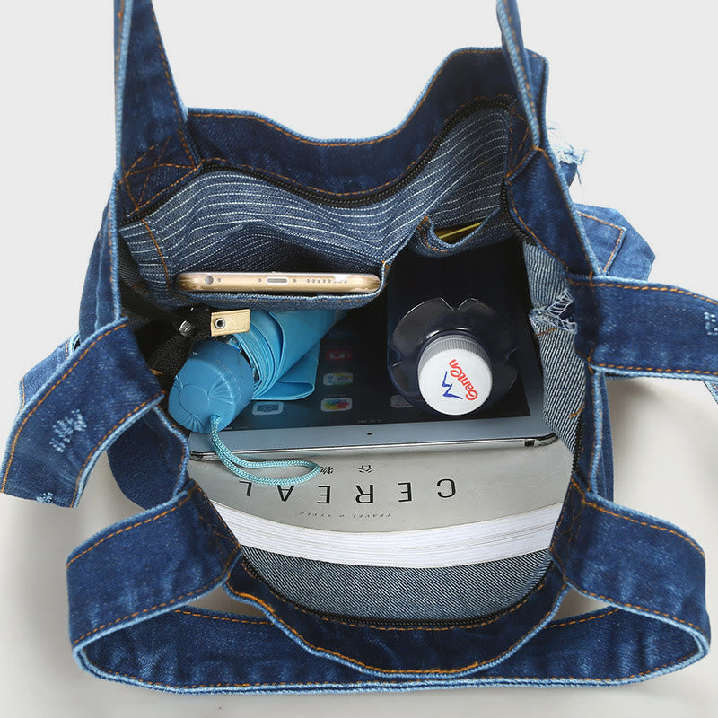 Denim Tote For Outing Retro Canvas Ripped Crossbody Bag - image 1