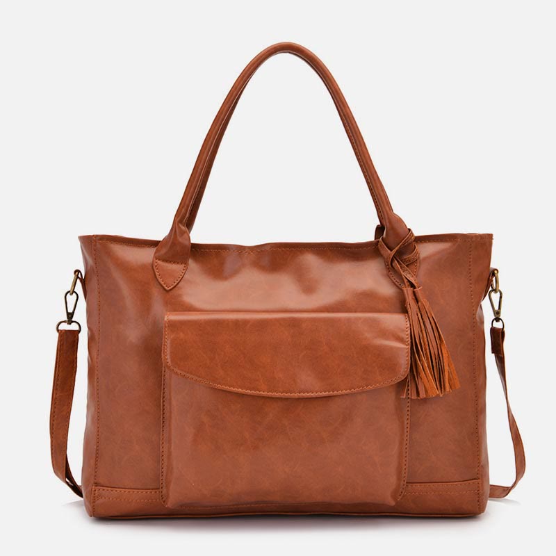 Retro Leather Tote Tassel Decor Classic Multifunctional Travel Bag - image 8