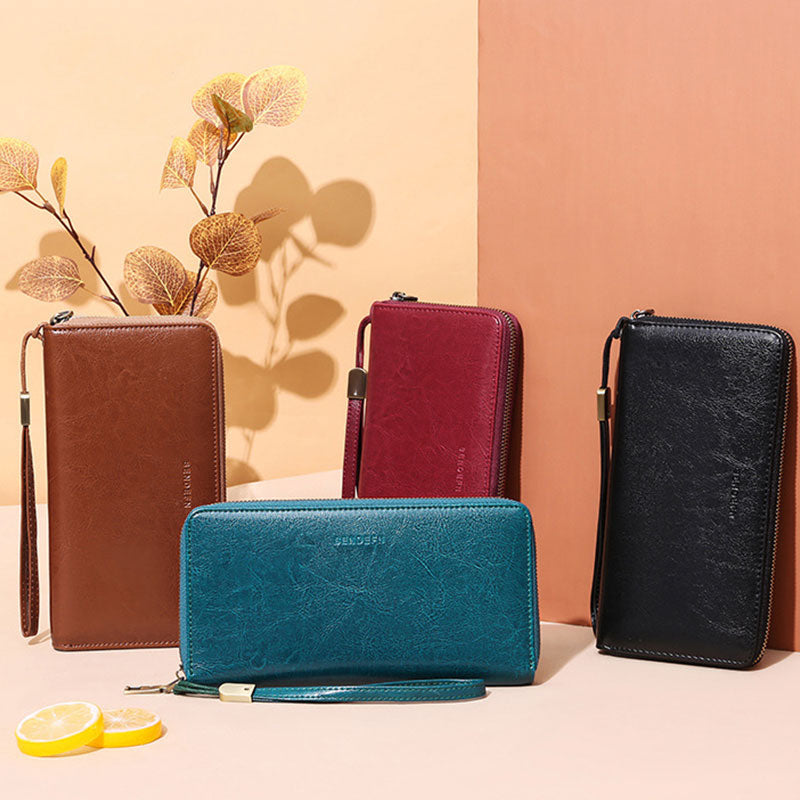 RFID Blocking Genuine Leather Zip Around Wallet Purse with Wrist Strap