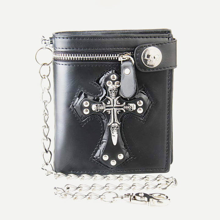 Mens Gothic Skull Cross Leather Punk Wallet with Long Metal Chain