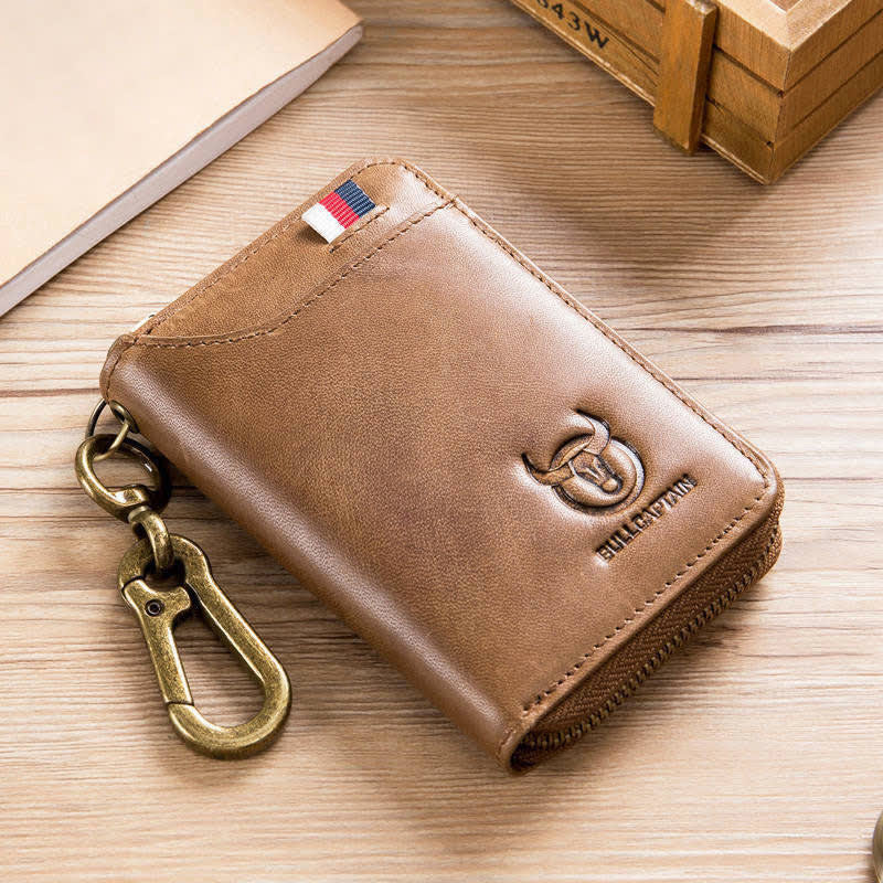 Leather Zip Around Wallet for Men RFID Blocking Card Holder with Keychain