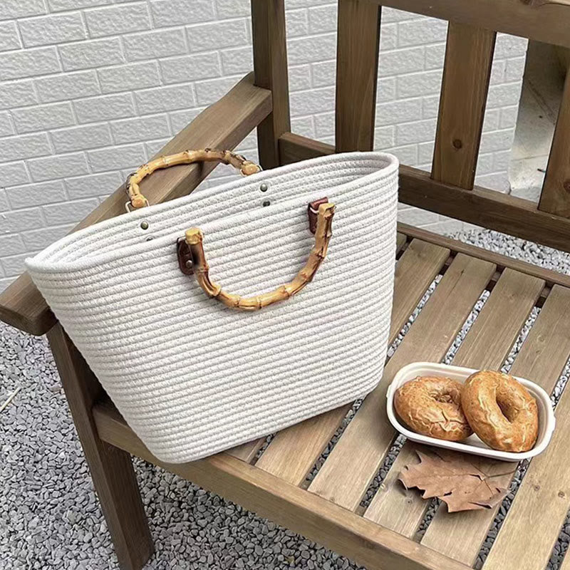 Spring Straw Woven Large Tote Bag for Women with Bamboo Handle