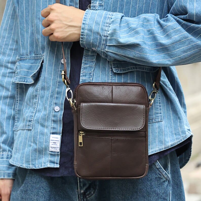 Real Leather Small Messenger Crossbody Bag for Men with Multiple Pockets