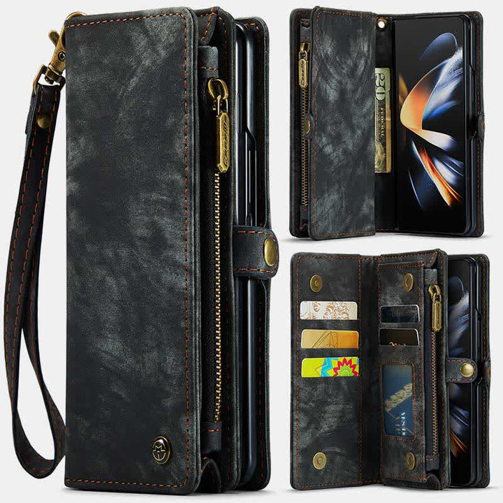 Durable Leather Magnetic Wallet Case for Z Fold 4 with Wrist Strap