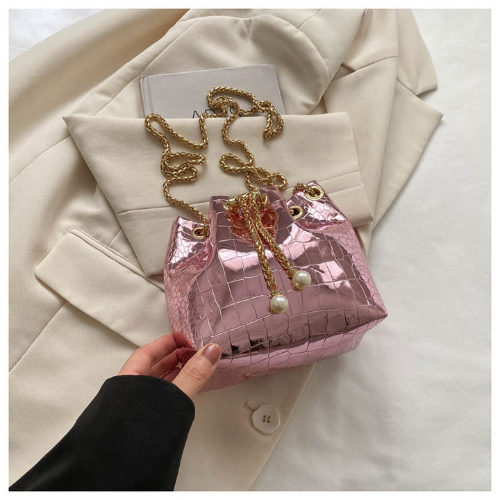 Evening Bag For Party Crocodile Pattern Sparkly Leather Bucket Bag