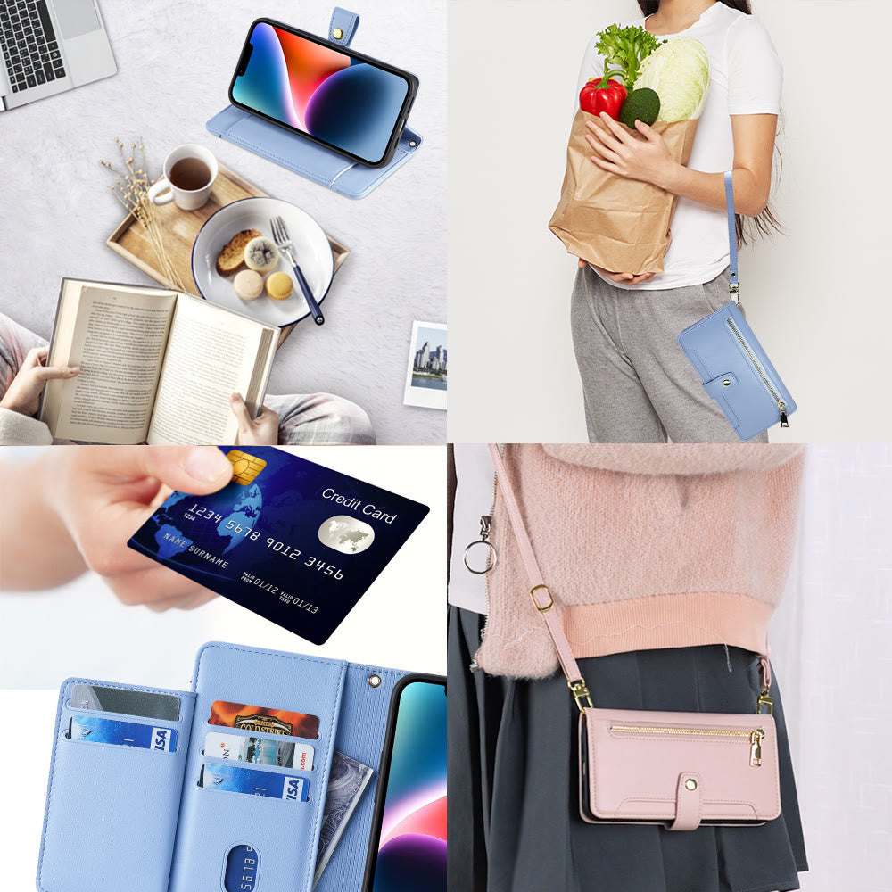 Faux Leather Wallet Case Phone Case for iPhone with Shoulder Strap