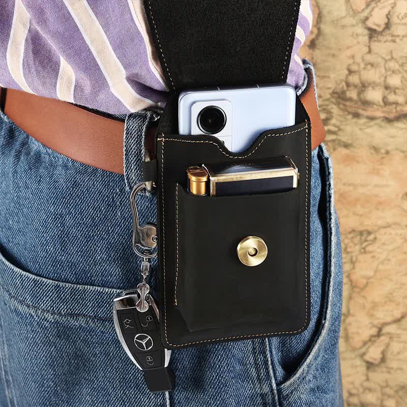 Vintage Leather Flip Phone Bag Belt Pouch with Cigarette Pocket