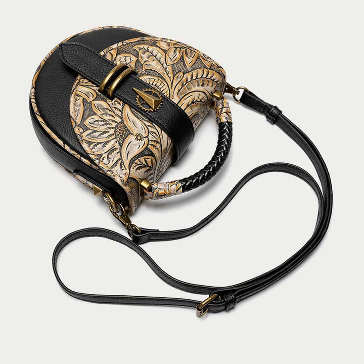 Clamshell Crossbody Bag Vintage Pattern Printing Chic Leather Handbag