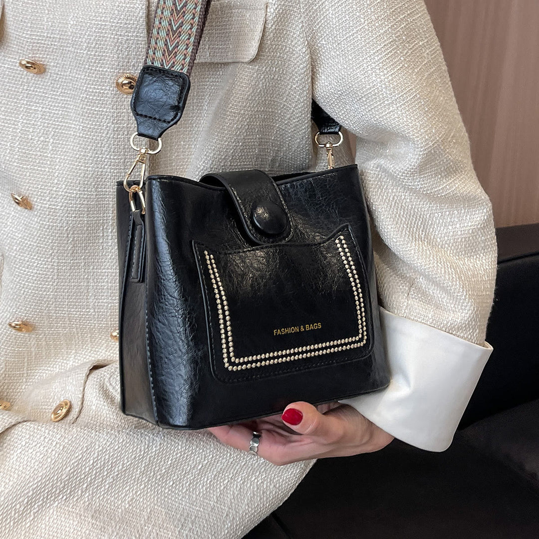 Women Wide Strap Bucket Bag solid Color Elegant Crossbody Bag