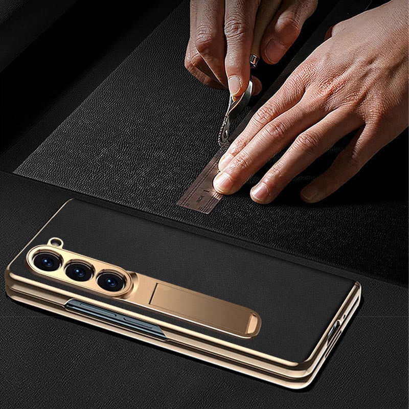 Z Fold 5 Phone Case Leechi Grain Genuine Leather With Screen Film Case