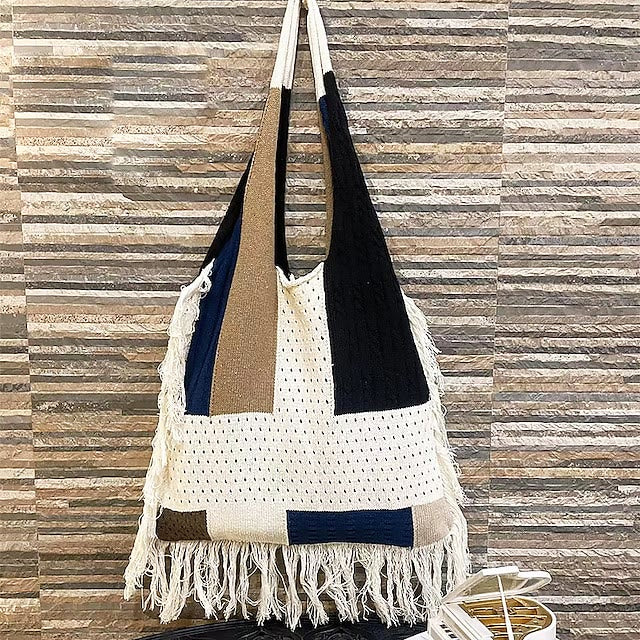 Tassel Shoulder Bag For Women Simple Retro Spliced Knitted Bag