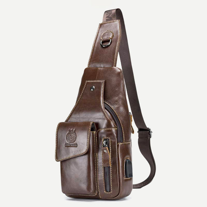 Genuine Leather Multi-Pocket Chest Bag Sling Backpack with USB Charging Port