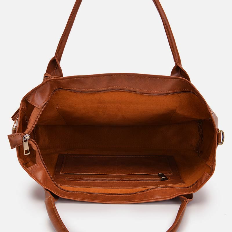 Retro Leather Tote Tassel Decor Classic Multifunctional Travel Bag - image 1