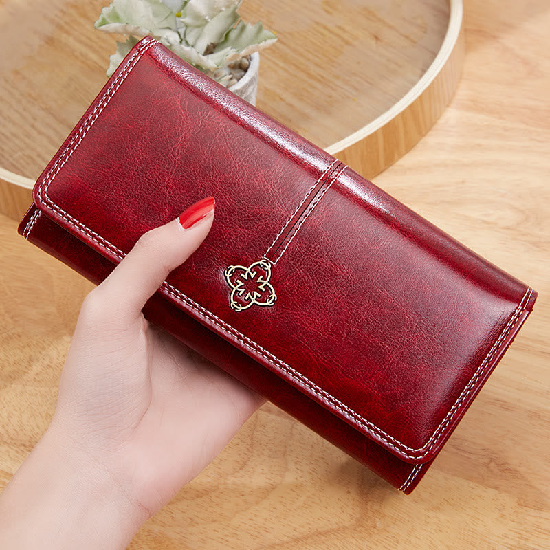 Elegant Retro Long Purse Wax Leather Card Holder For Women