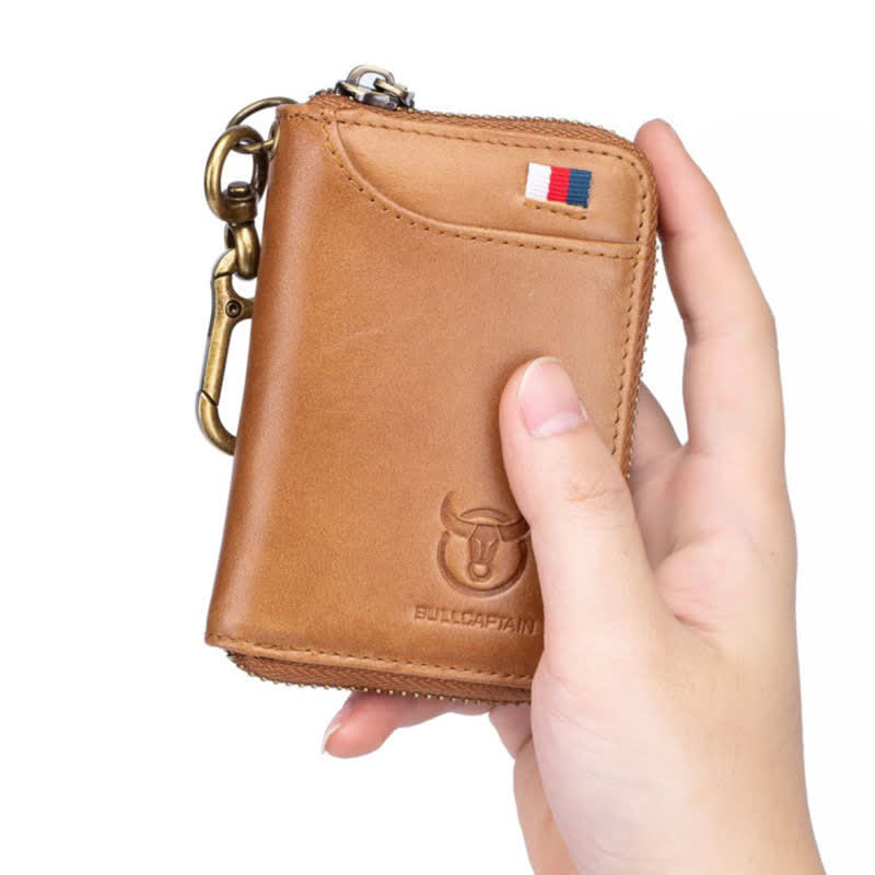 Leather Zip Around Wallet for Men RFID Blocking Card Holder with Keychain