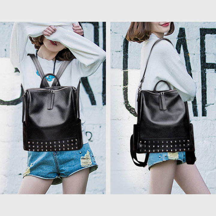 Fashion Rivet Backpack Genuine Leather Double Shoulder Strap Roomy Bag
