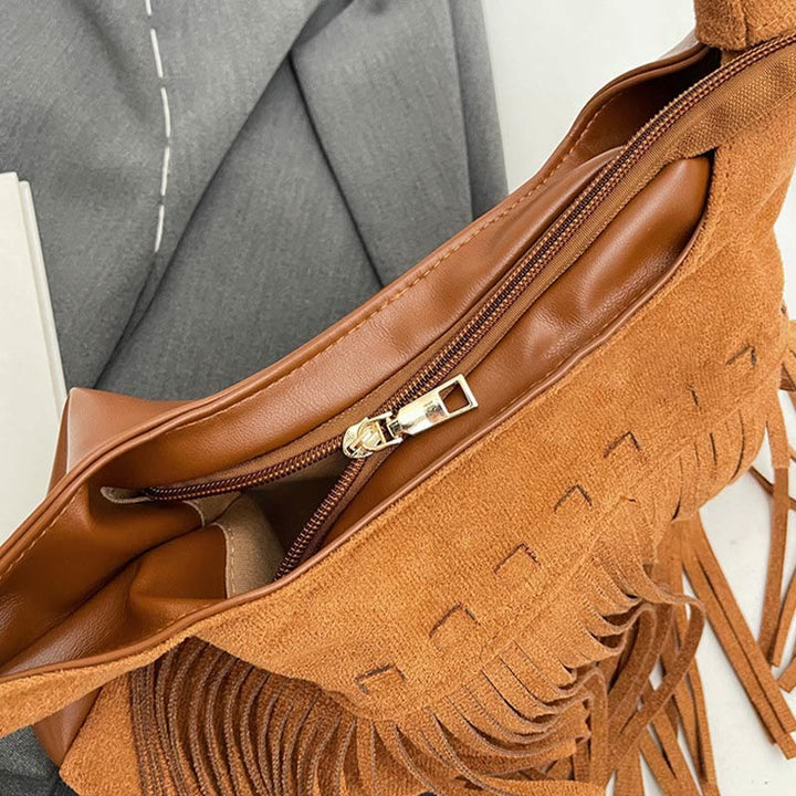 Tassel Underarm Bag For Women Retro Solid Color Shoulder Bag